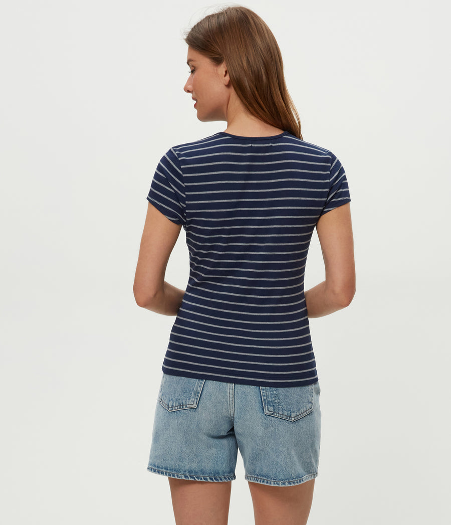 Joy Striped Ribbed Tee in Nocturnal Blue Striped Heather Grey Back View  #NOCTURNAL STRIPE
