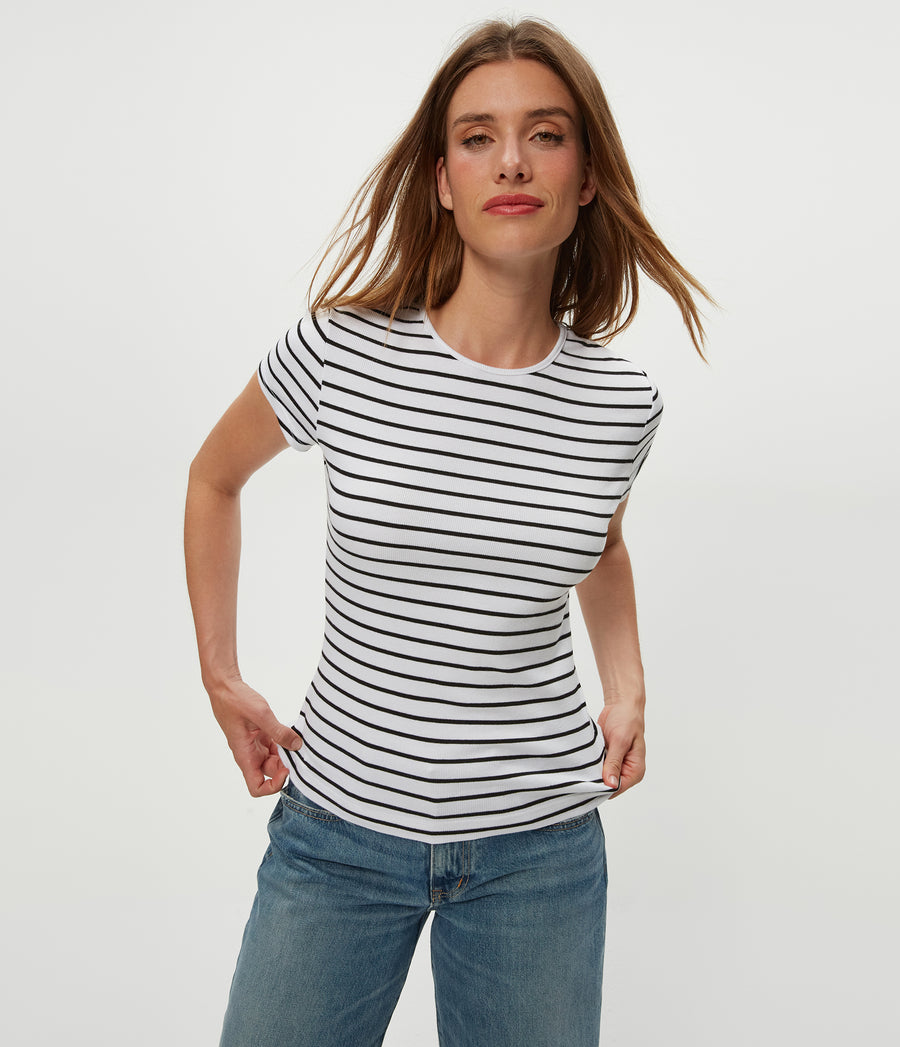 Joy Striped Ribbed Tee in White Striped Black Close up View #WHITE STRIPE