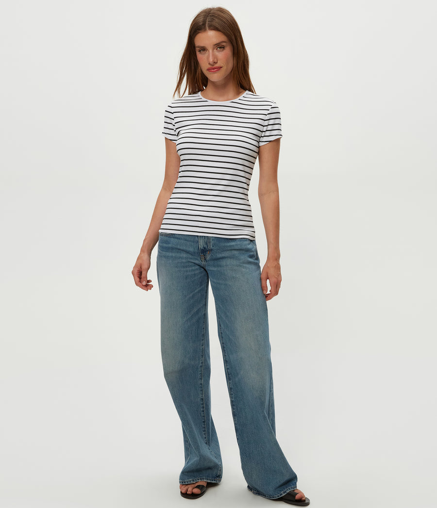 Joy Striped Ribbed Tee in White Striped Black Full Body View #WHITE STRIPE