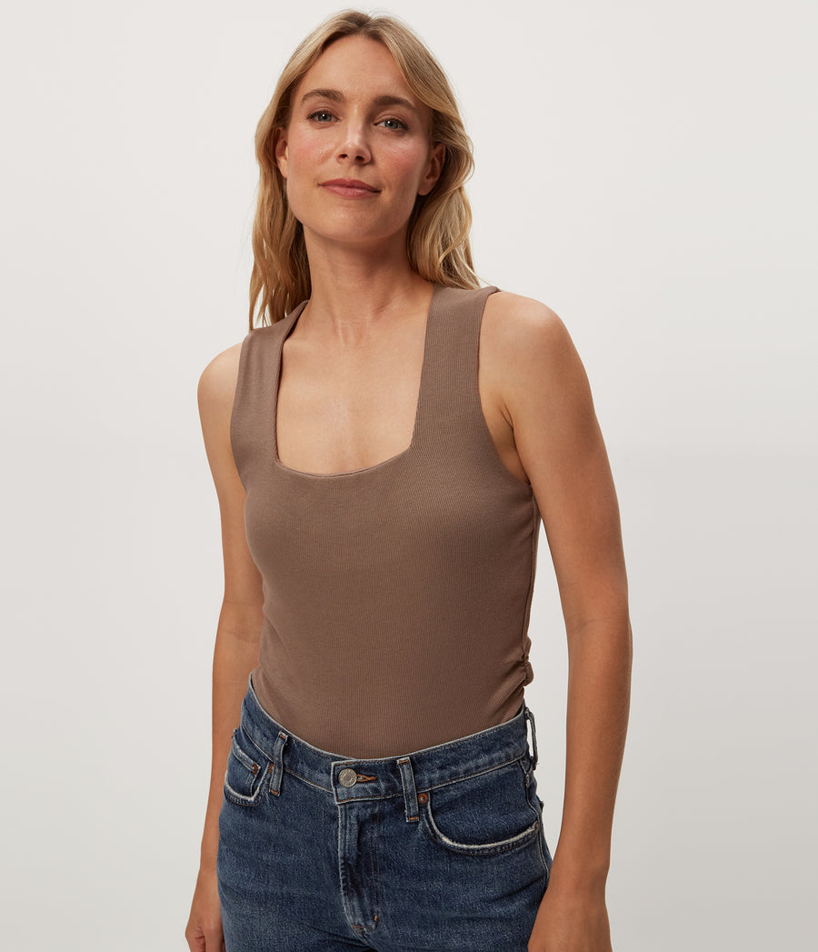 Maribel Square Neck Tank in Cobblestone Brown Close Up View #COBBLESTONE