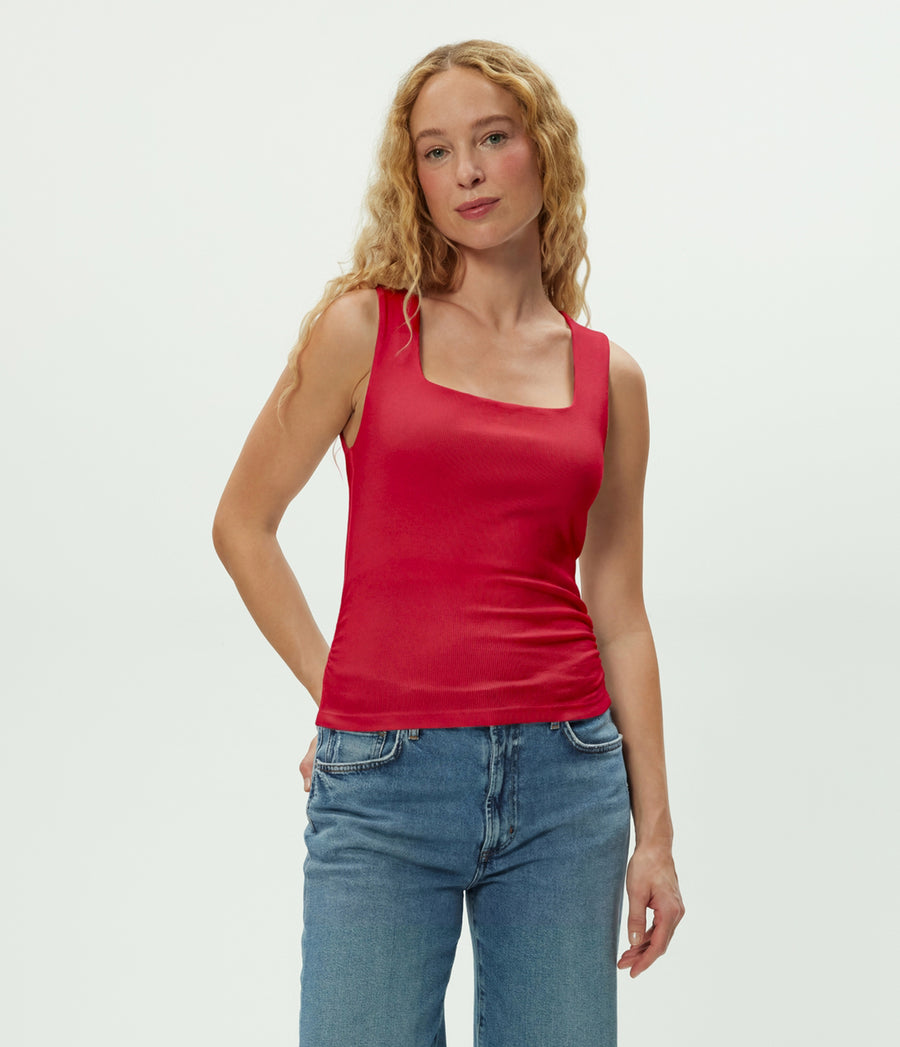 Maribel Square Neck Tank in LACQUER RED Close up View #LACQUER
