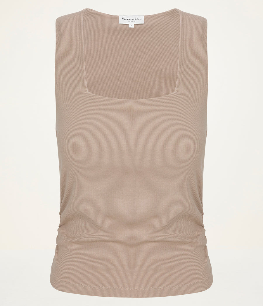 Maribel Square Neck Tank in  MACADAMIA Beige Close up View #MACADAMIA