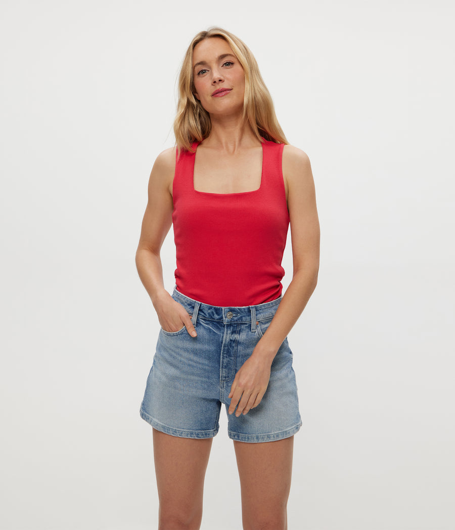 Maribel Square Neck Tank in Rumba Red Close Up View #RUMBA