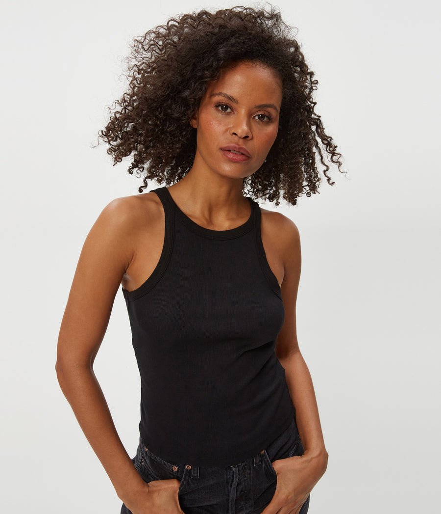Hayes Ribbed Tank in Black Close up View #BLACK