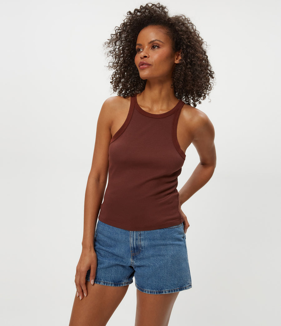 Hayes Ribbed Tank in ESPRESSO Brown Close Up View #ESPRESSO