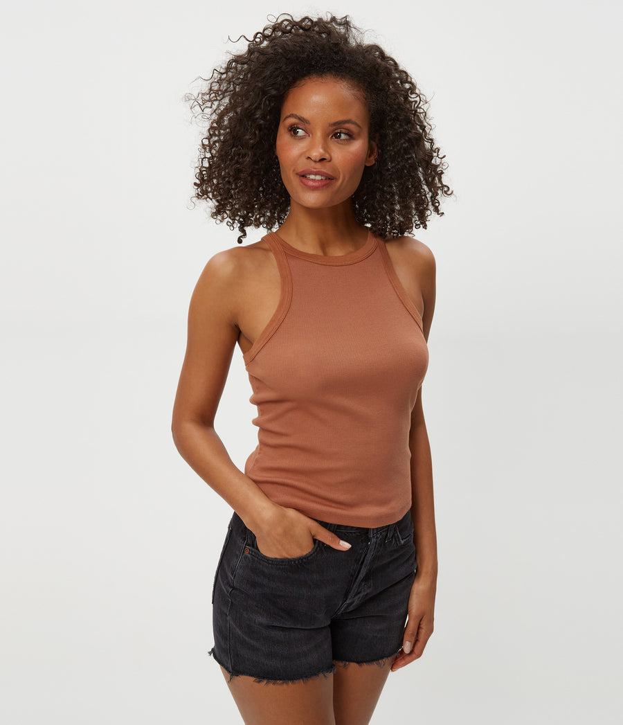 Hayes Ribbed Tank in TERRA Orange Close Up View #TERRA
