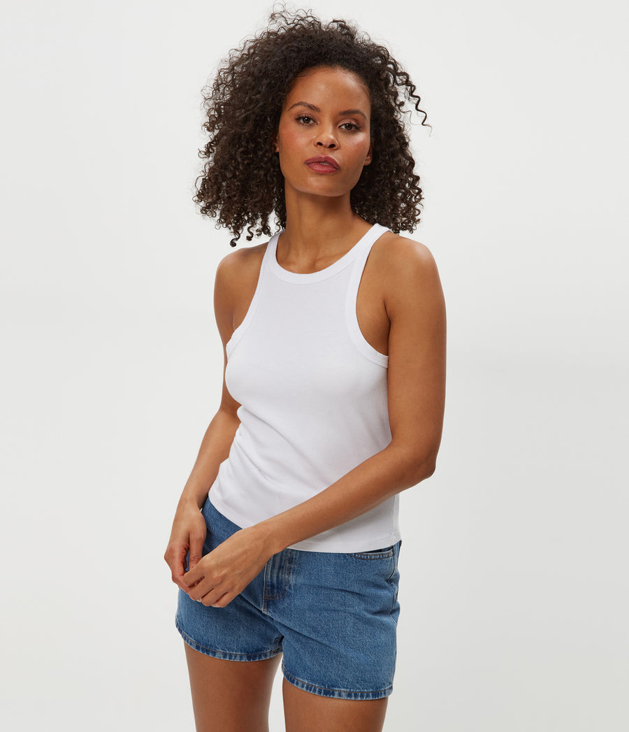 Hayes Ribbed Tank in White Close up View #WHITE