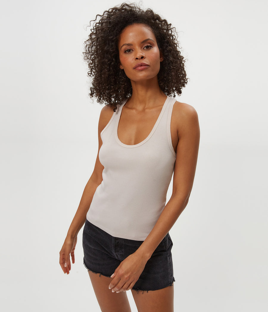 CHER SCOOP NECK TANK in Cement  Beige Close up View #CEMENT