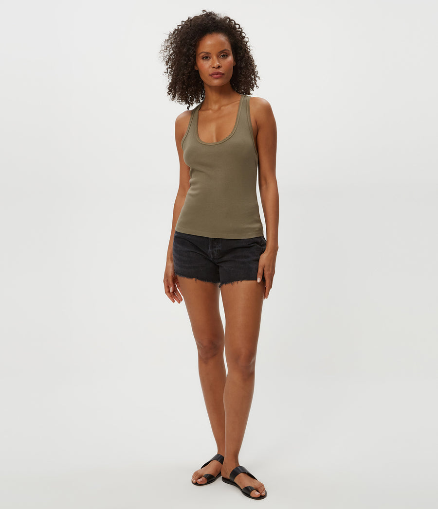 CHER SCOOP NECK TANK in Olive Green Full Body View #OLIVE