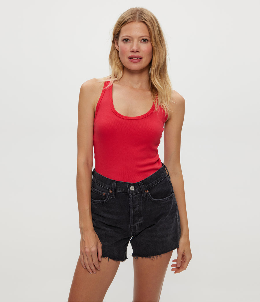 CHER SCOOP NECK TANK in Rumba Red Close Up View #RUMBA
