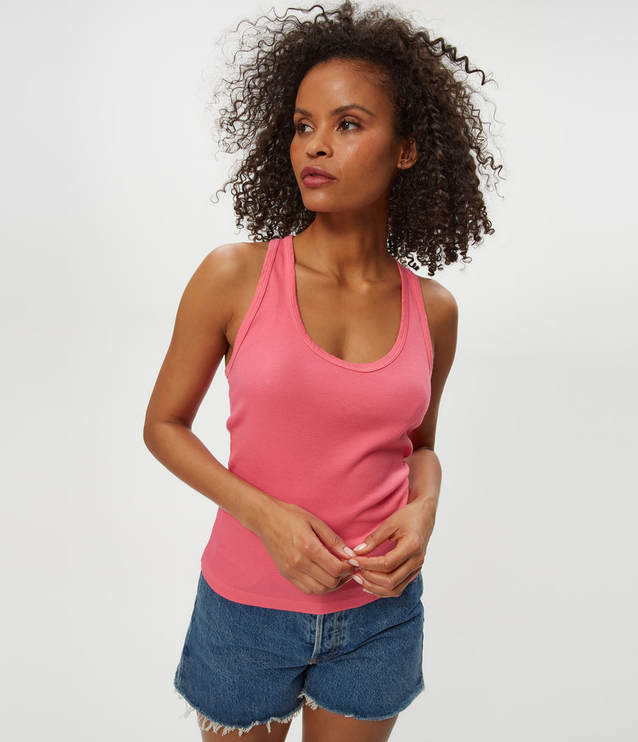 CHER SCOOP NECK TANK in ZINNIA PINK Close up View #ZINNIA
