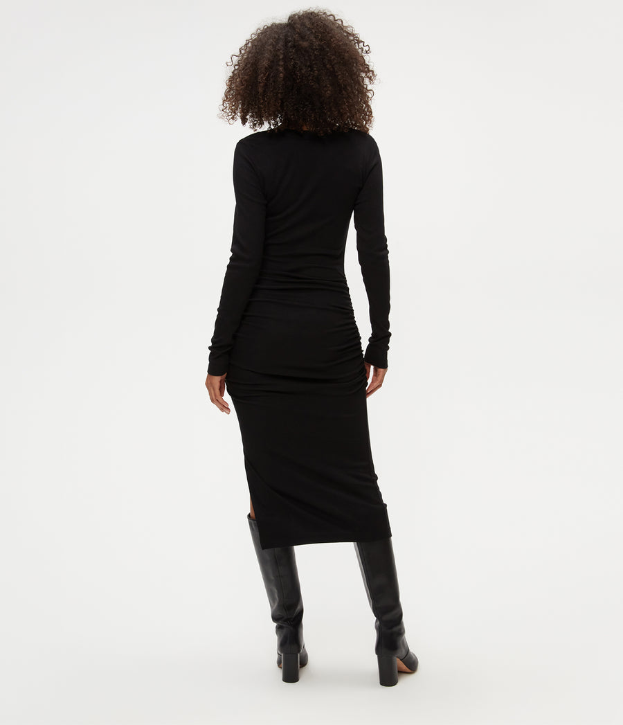 Nova Ribbed V-Neck Dress in Black  Back View #BLACK
