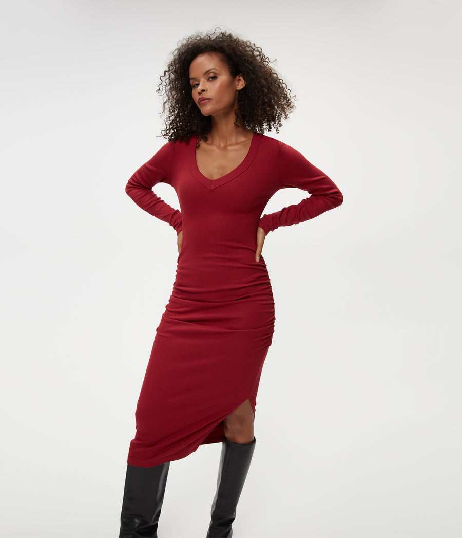 Petite Nova Dress in Carmine Red in Front View #CARMINE