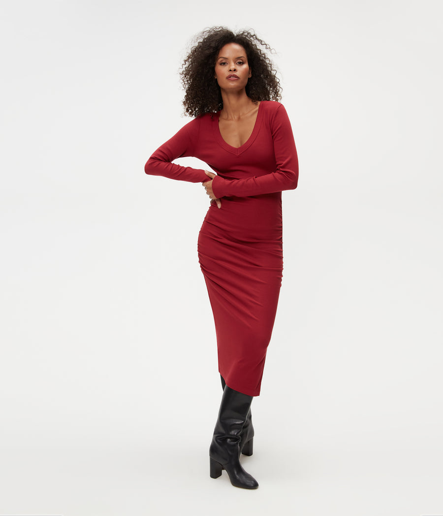 Petite Nova Dress in Carmine Red in Full Body View #CARMINE
