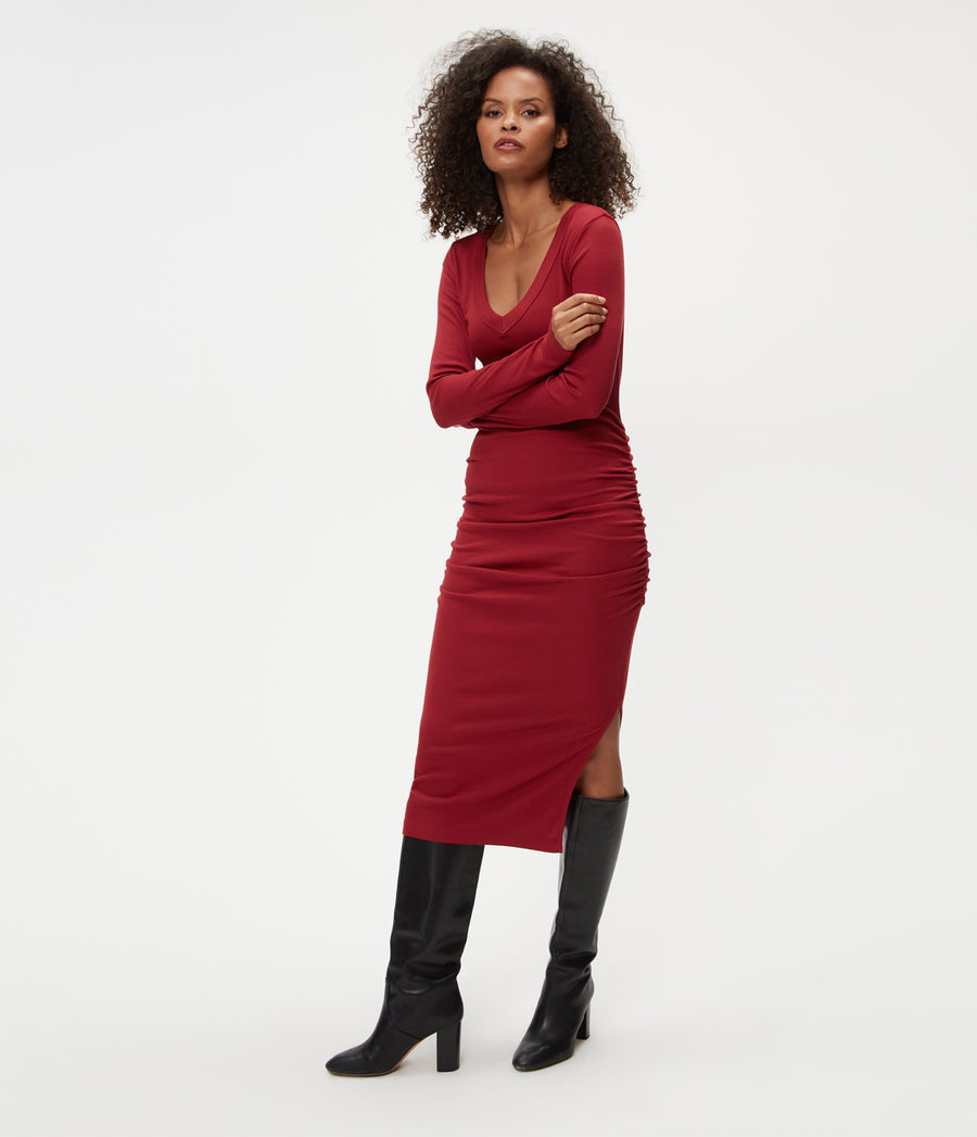 Petite Nova Dress in Carmine Red in Side View #CARMINE