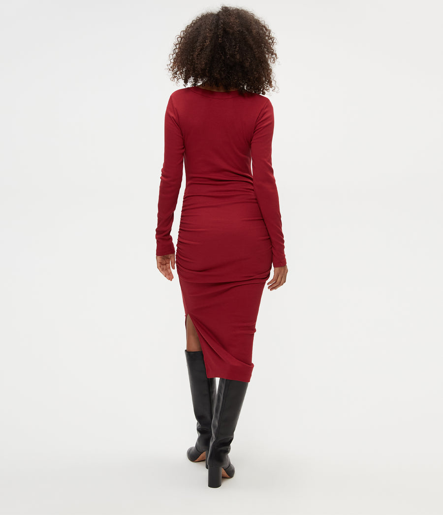 Nova Ribbed V-Neck Dress in Carmine Red Back View #CARMINE