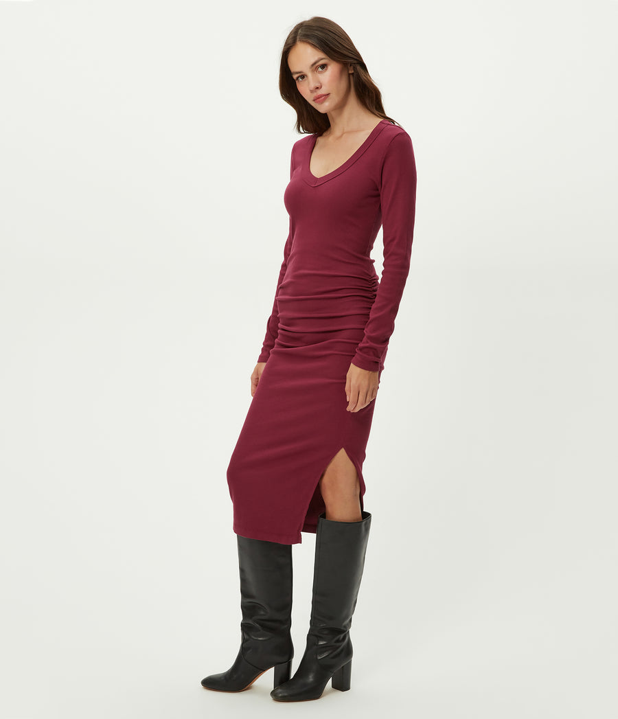 Petite Nova Ribbed V-Neck Dress in Garnet Red Full Body View #GARNET