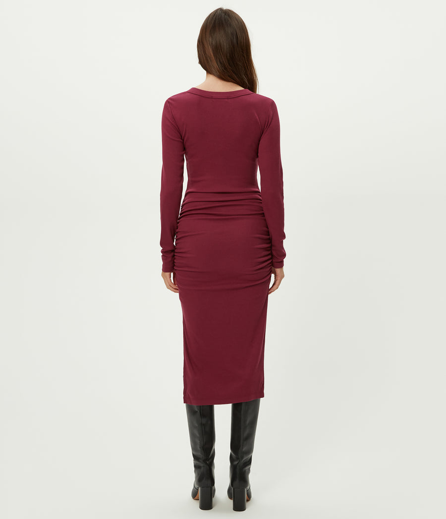 Petite Nova Ribbed V-Neck Dress in Garnet Red Back View #GARNET