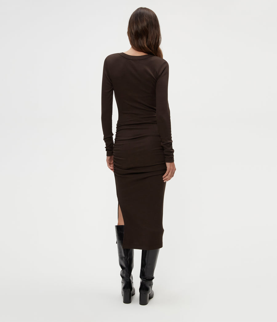 Nova Ribbed V-Neck Dress in Java Brown Back View #JAVA