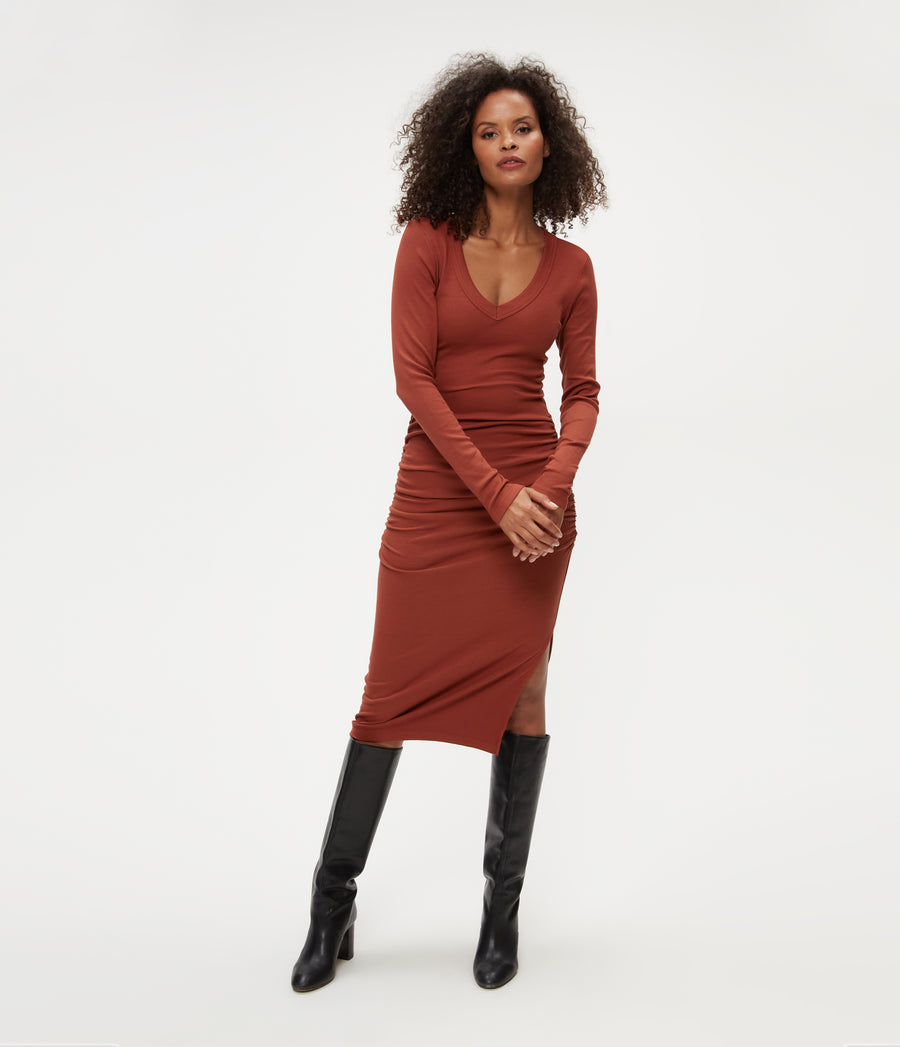 Nova Ribbed V-Neck Dress in Lava Brown Close Up View #LAVA