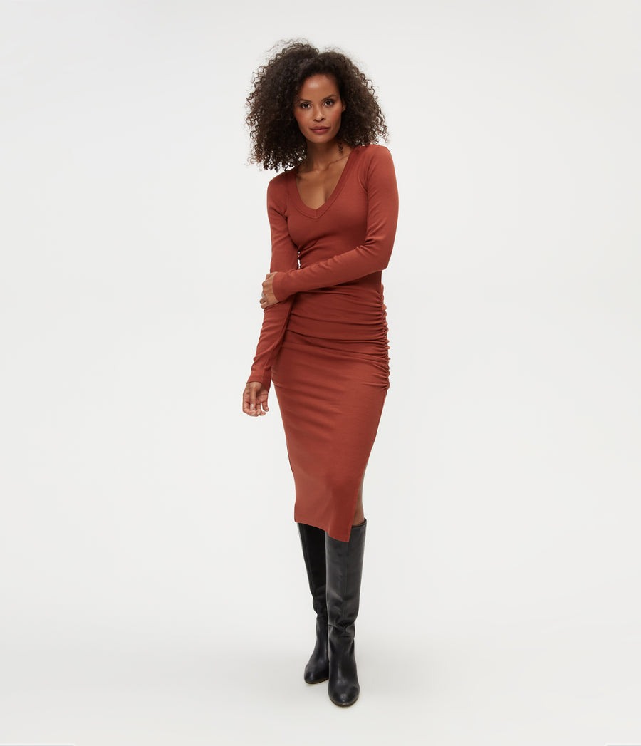 Nova Ribbed V-Neck Dress in Lava Brown Full Body View #LAVA