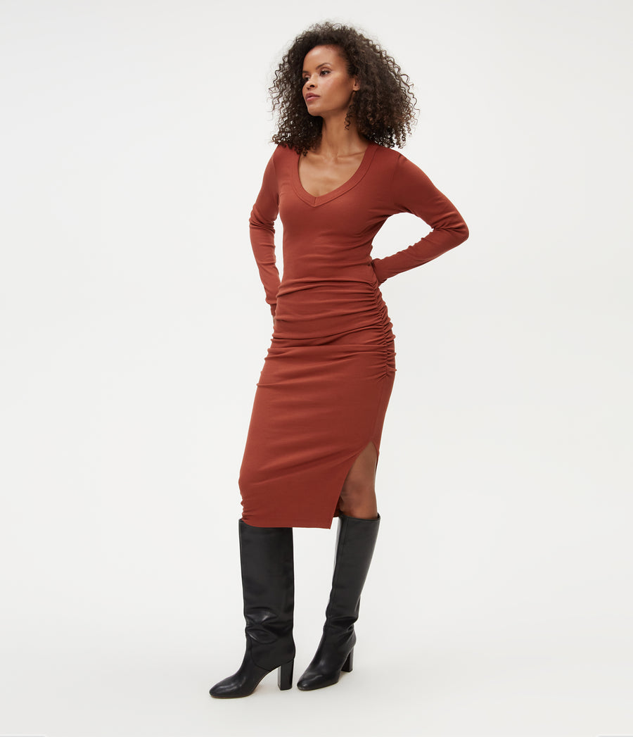 Nova Ribbed V-Neck Dress in Lava Brown Side View #LAVA
