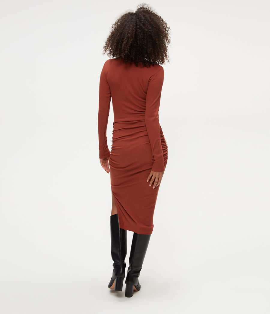 Nova Ribbed V-Neck Dress in Lava Brown Back View #LAVA