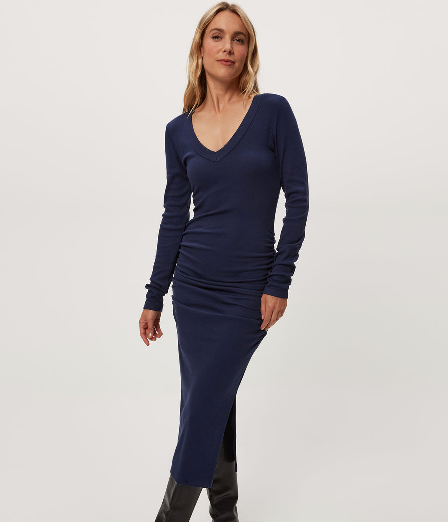 Nova Ribbed V-Neck Dress in Nocturnal Blue Close up View  #NOCTURNAL