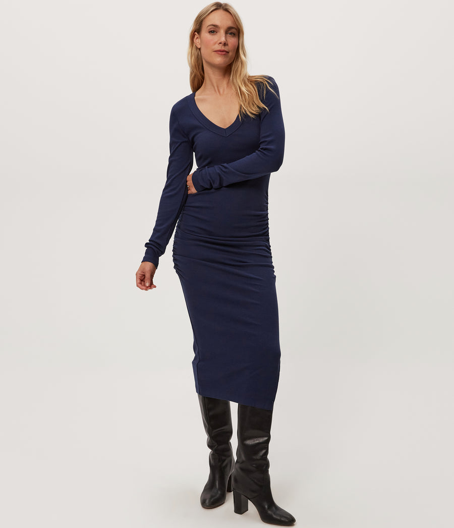 Nova Ribbed V-Neck Dress in Nocturnal Blue Full Body View #NOCTURNAL