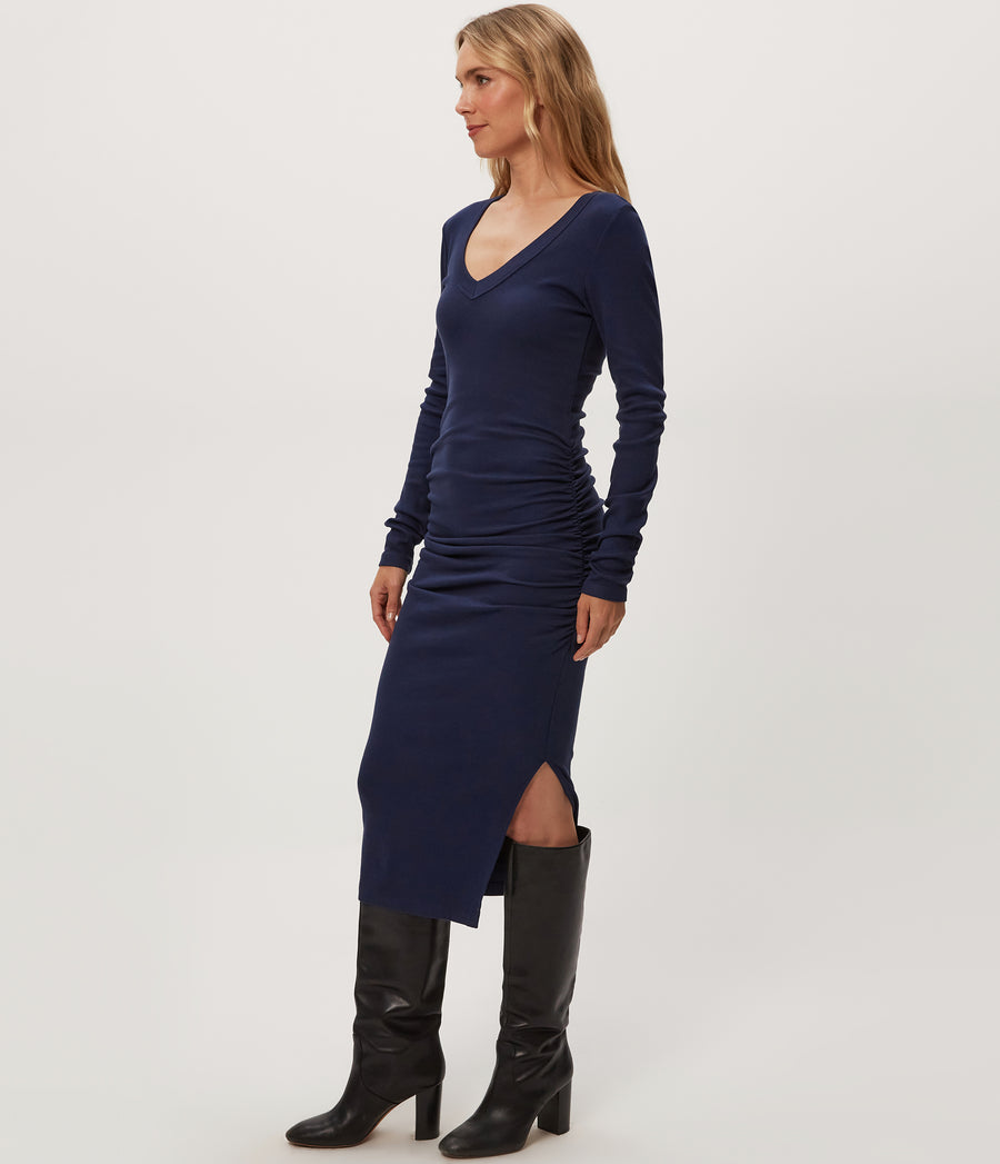 Nova Ribbed V-Neck Dress in Nocturnal Blue Side View #NOCTURNAL