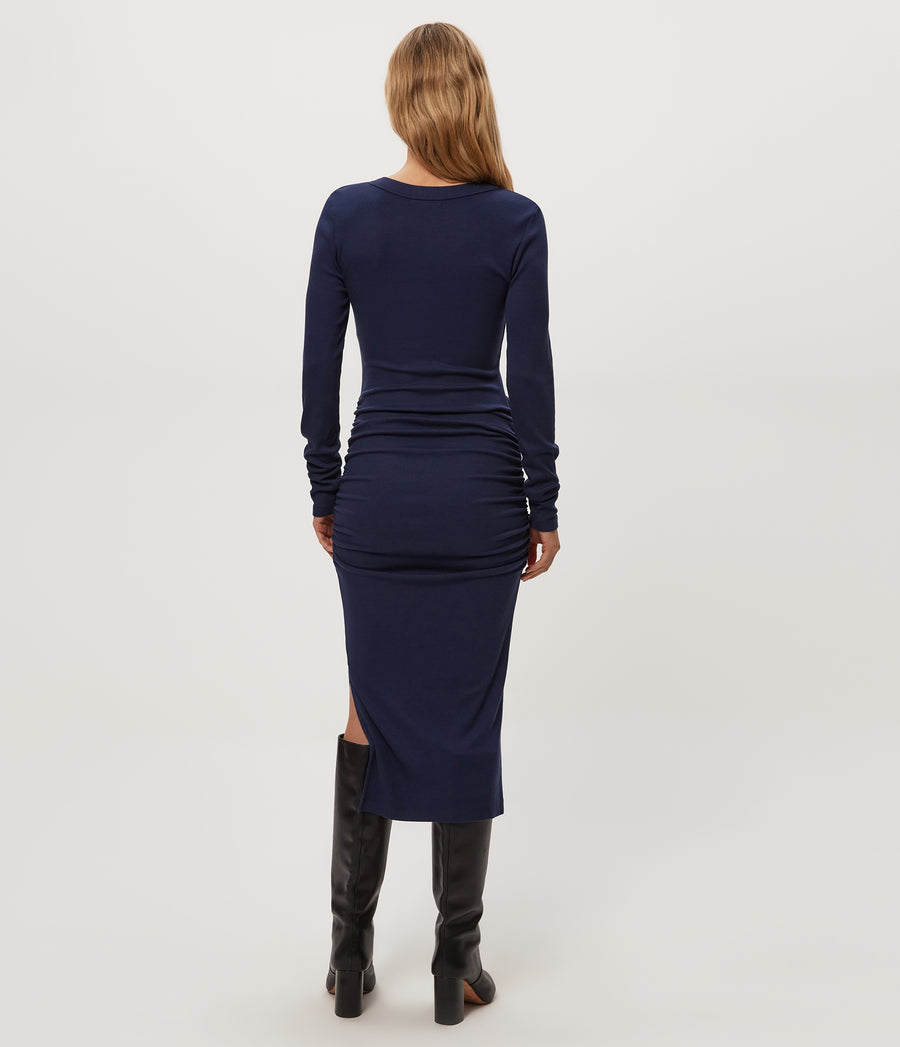 Nova Ribbed V-Neck Dress in Nocturnal Blue Back View  #NOCTURNAL