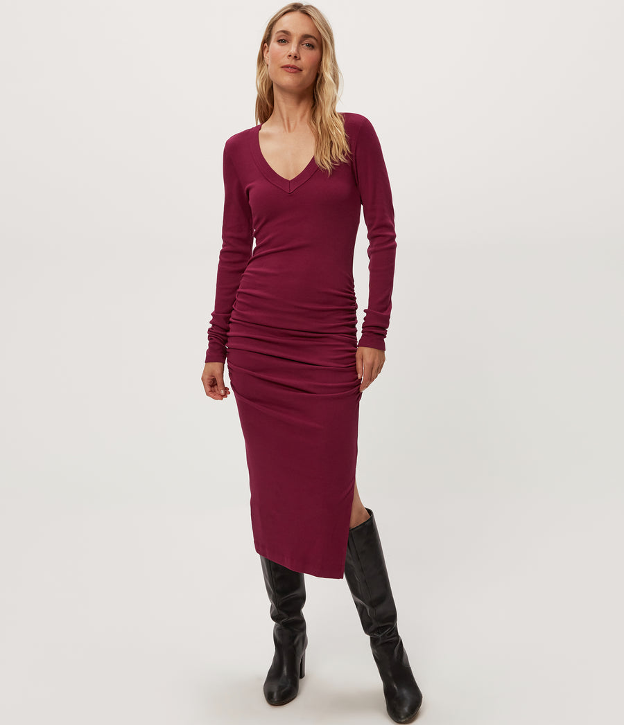 Nova Ribbed V-Neck Dress in RUBY RED Combo Full Body View #RUBY