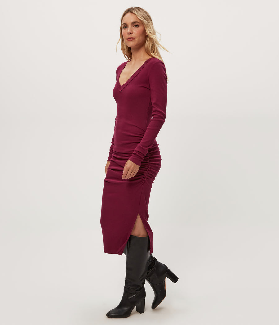 Nova Ribbed V-Neck Dress in RUBY RED Combo Side View #RUBY