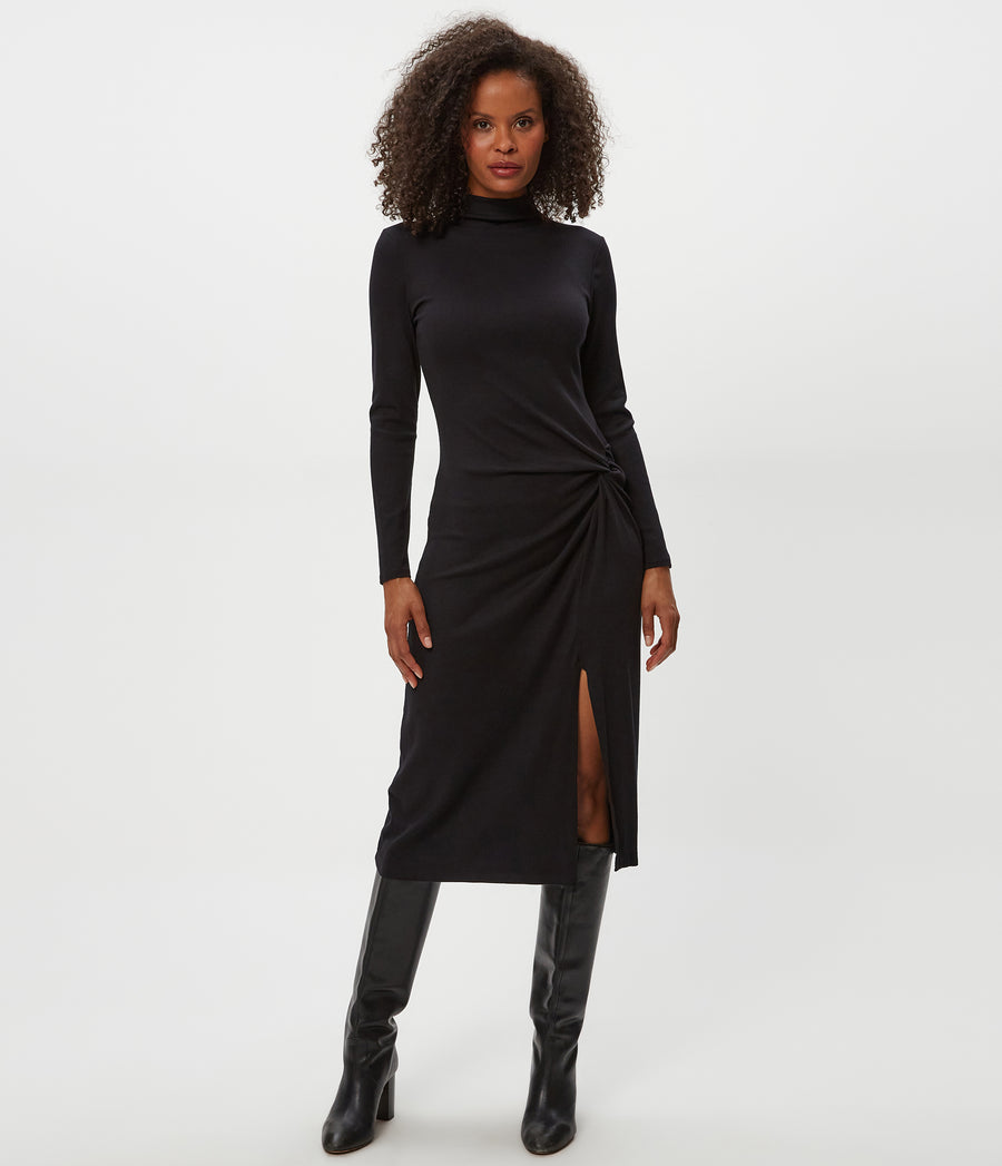 PETITE Tish Mock Neck Midi Dress in Black Close up View #BLACK