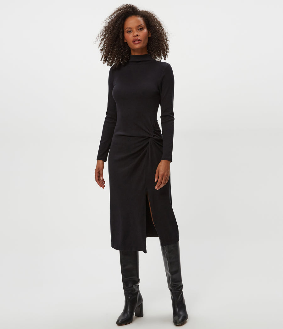 PETITE Tish Mock Neck Midi Dress in Black Full Body View #BLACK