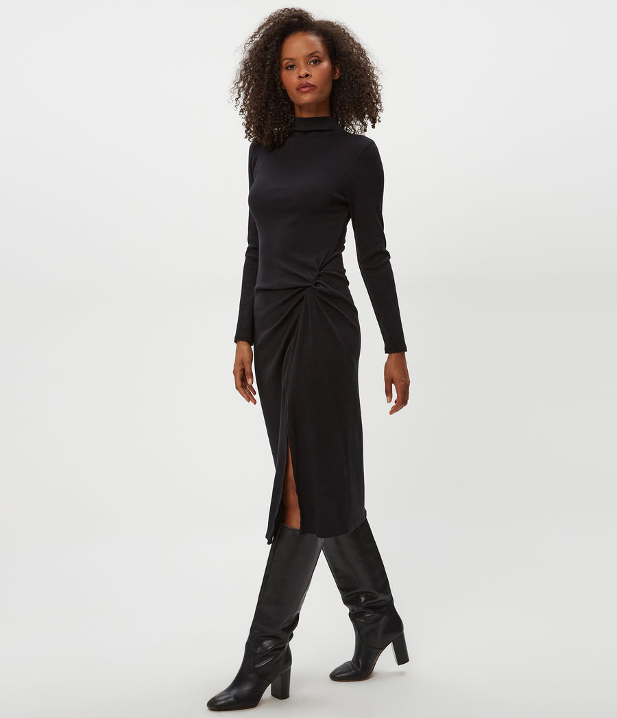 PETITE  Tish Mock Neck Midi Dress in Black Side View #BLACK