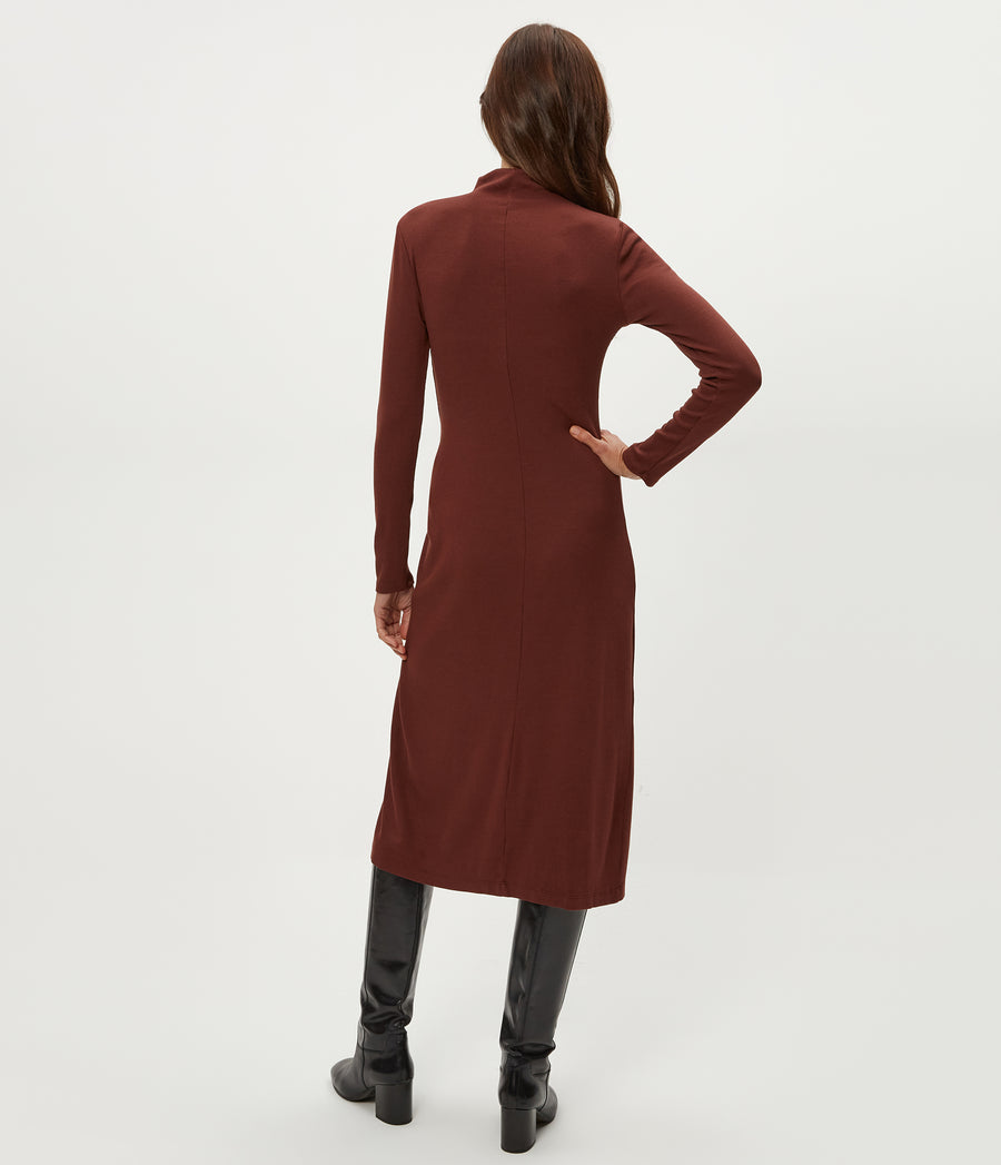 Tish Mock Neck Midi Dress in ESPRESSO Brown Back View #ESPRESSO