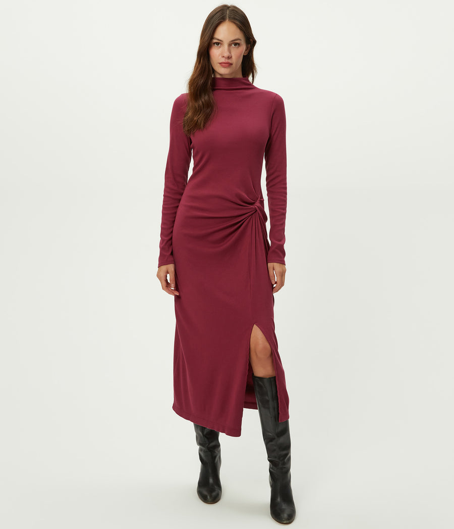 Tish Mock Neck Midi Dress in Garnet Red Full Body View #GARNET