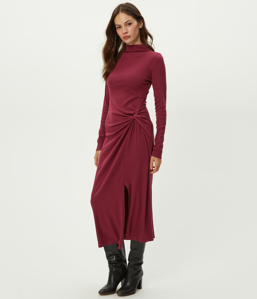 Tish Mock Neck Midi Dress in Garnet Red Side View #GARNET
