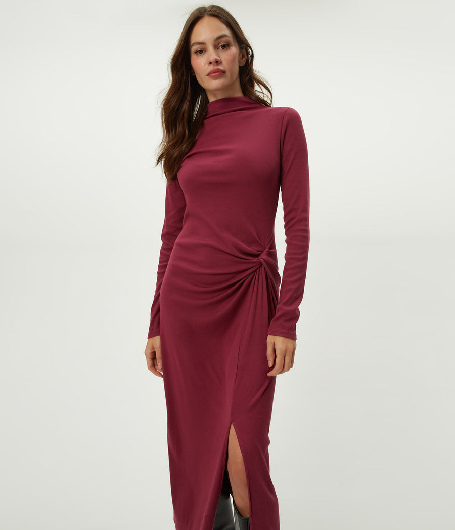 Tish Mock Neck Midi Dress in Garnet Red Close Up View #GARNET