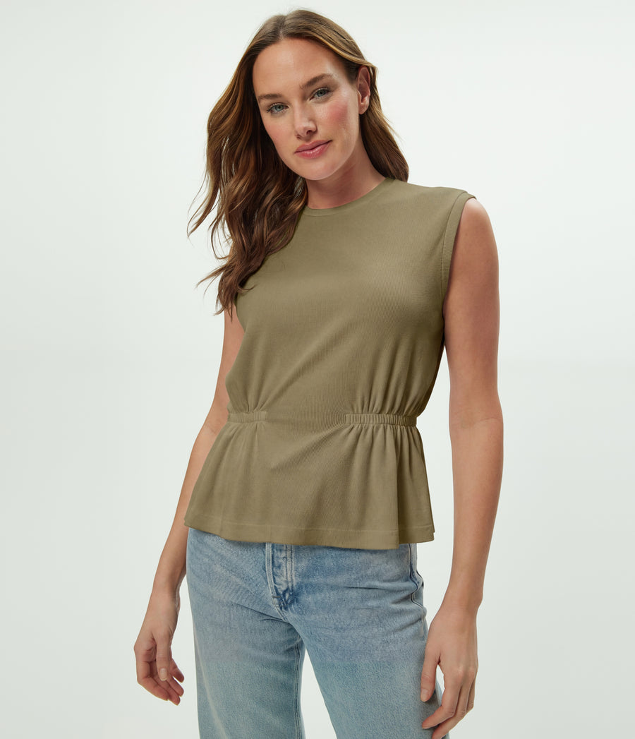 Rochel Peplum Tank in CAPER Green Close up View #CAPER