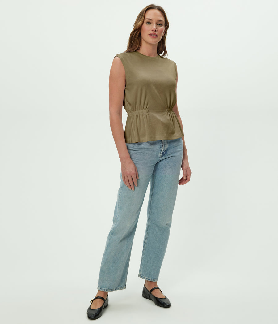 Rochel Peplum Tank in CAPER Green Full Body View #CAPER
