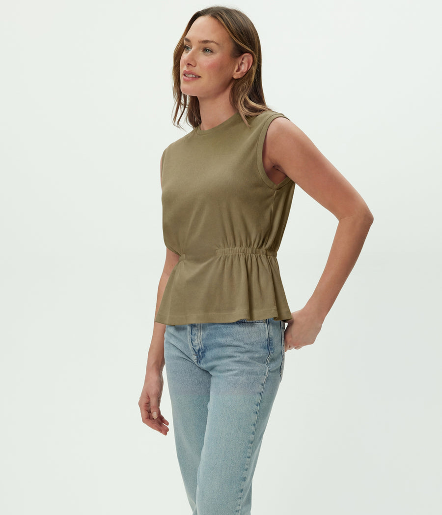 Rochel Peplum Tank in CAPER Green Full Body View #CAPER