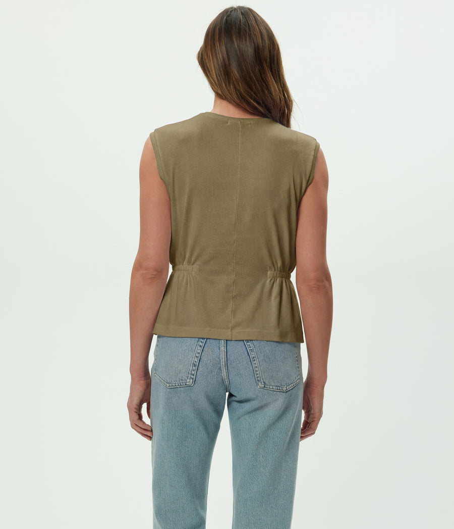 Rochel Peplum Tank in CAPER Green Back View #CAPER