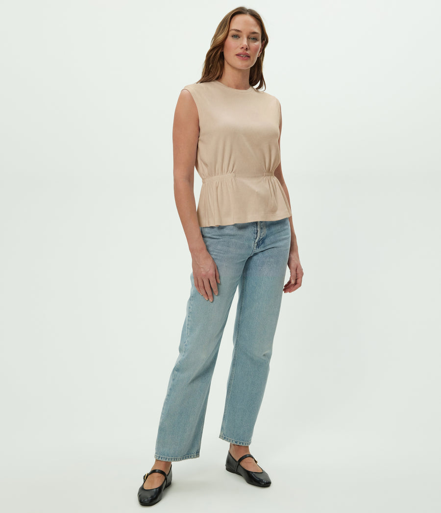 Rochel Peplum Tank in  MACADAMIA Beige Full Body View #MACADAMIA