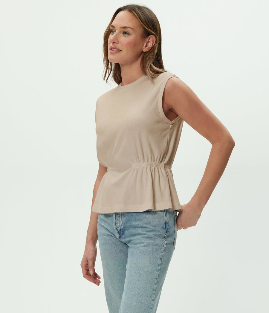 Rochel Peplum Tank in  MACADAMIA Beige Side View #MACADAMIA
