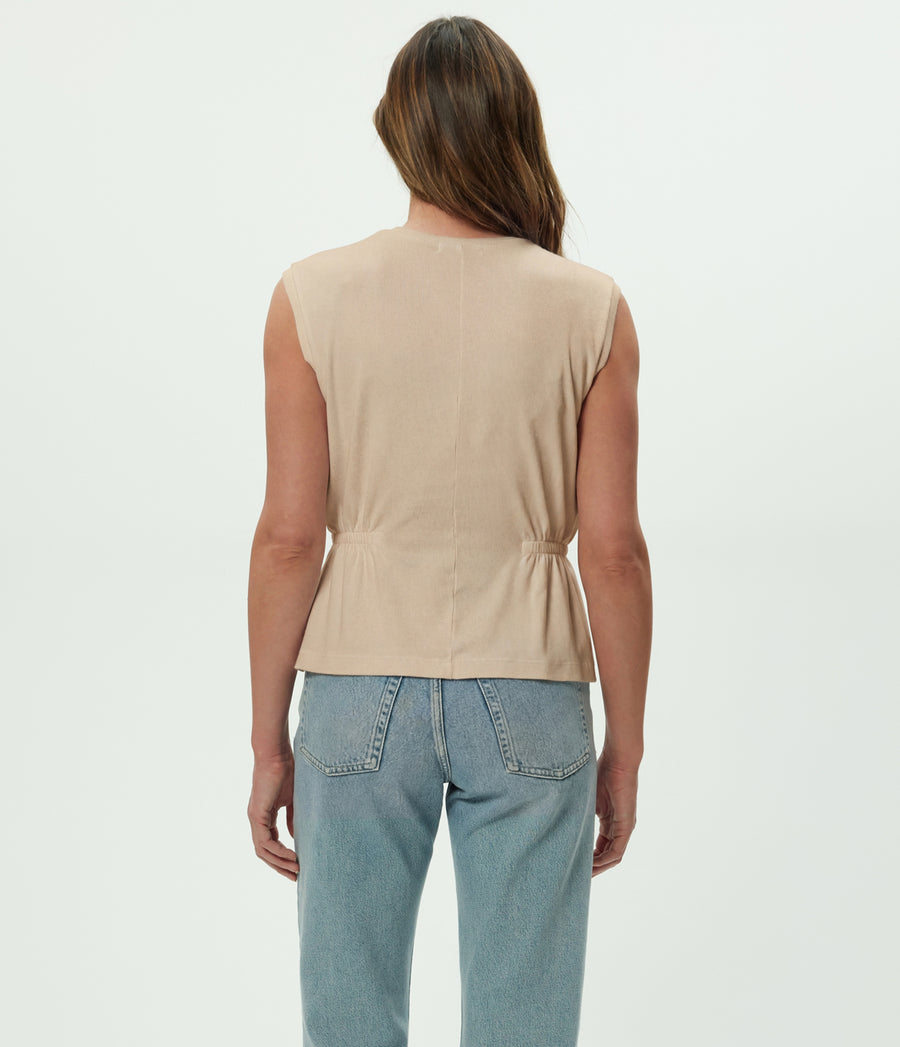 Rochel Peplum Tank in  MACADAMIA Beige Back View #MACADAMIA