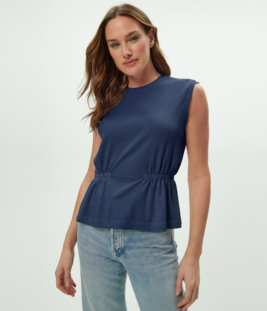 Rochel Peplum Tank in Nocturnal Blue Close up View  #NOCTURNAL