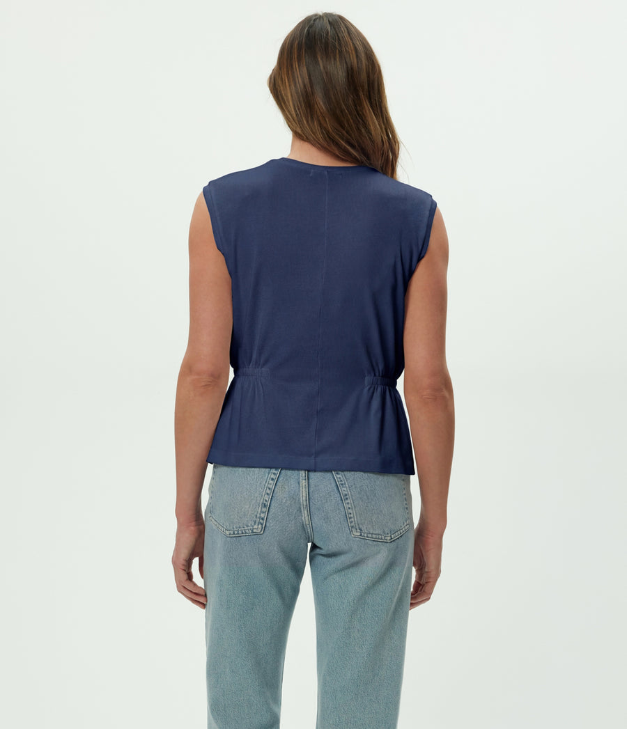 Rochel Peplum Tank in Nocturnal Blue Back View  #NOCTURNAL