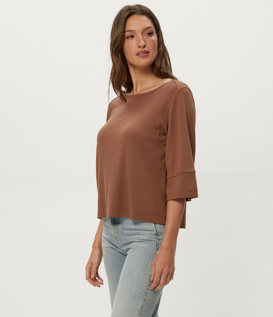 Rosalynn Boat Neck Tee in Bark Brown Side View #BARK